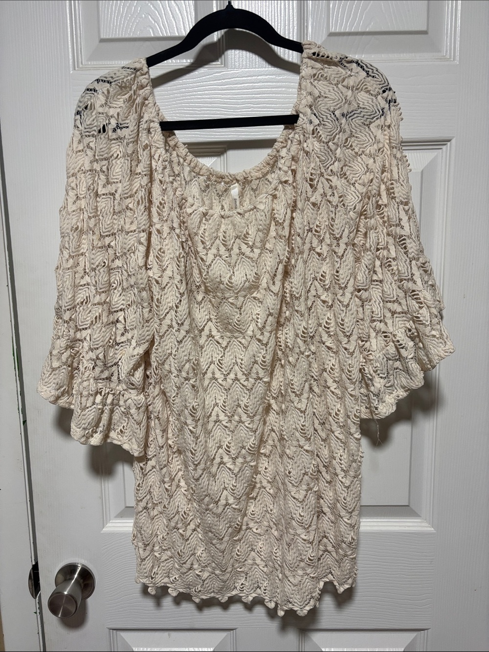 Off-Shoulder Crochet Lace Long Sleeve Dress - Cream